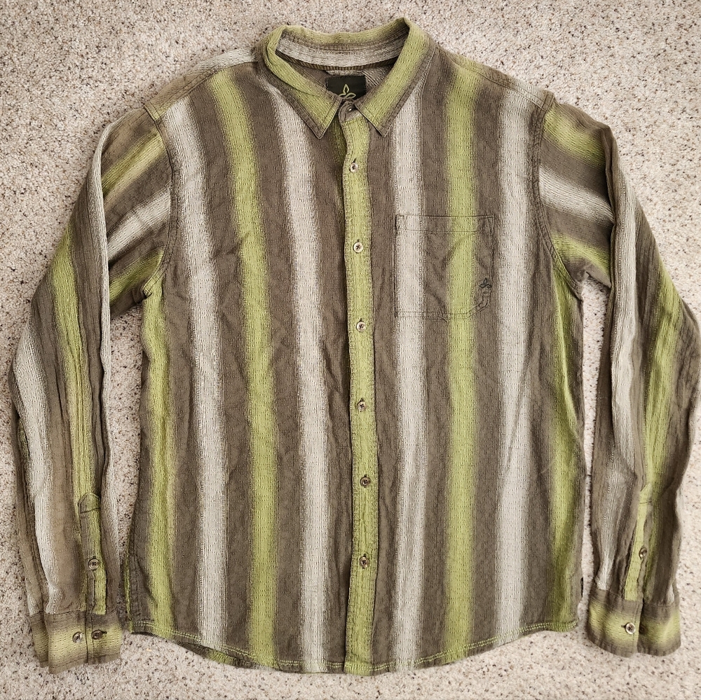 Prana Green Striped Men's Long Sleeve Button Down